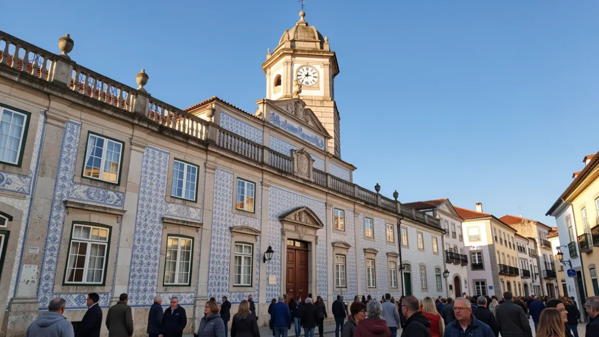 Fachada de um edifício municipal em Santo Tirso com azulejos tradicionais.