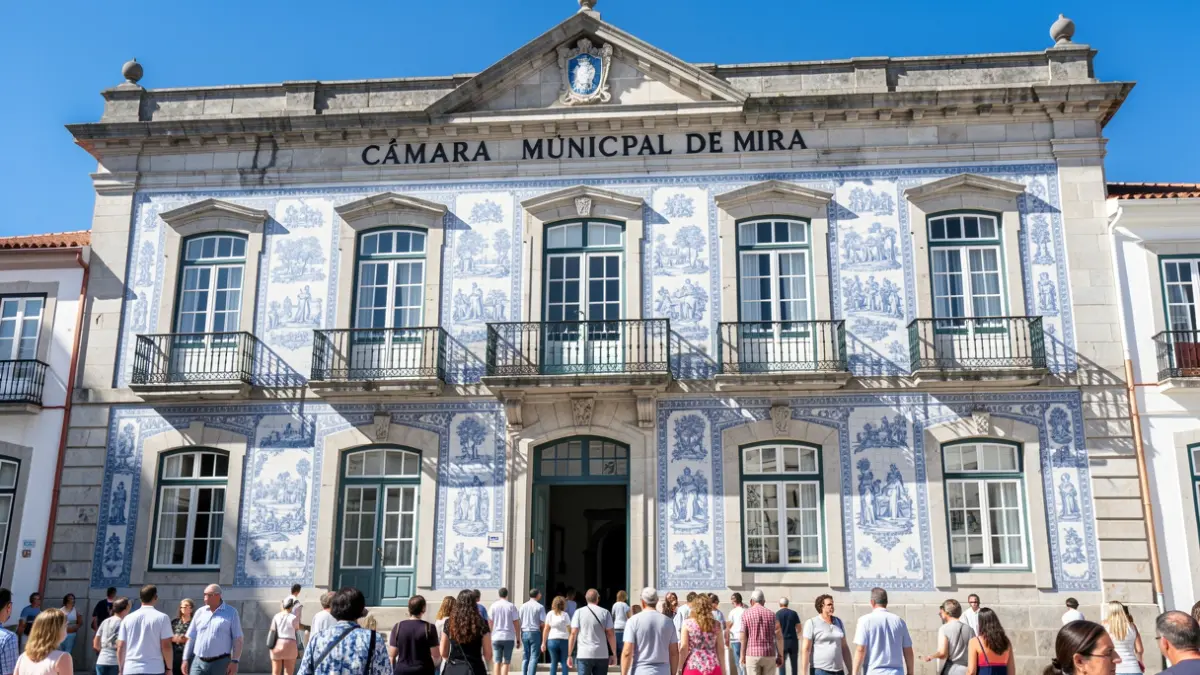 Official facade of the Mira City Hall with blue and white azulejo tiles and stone architecture, under midday sun.