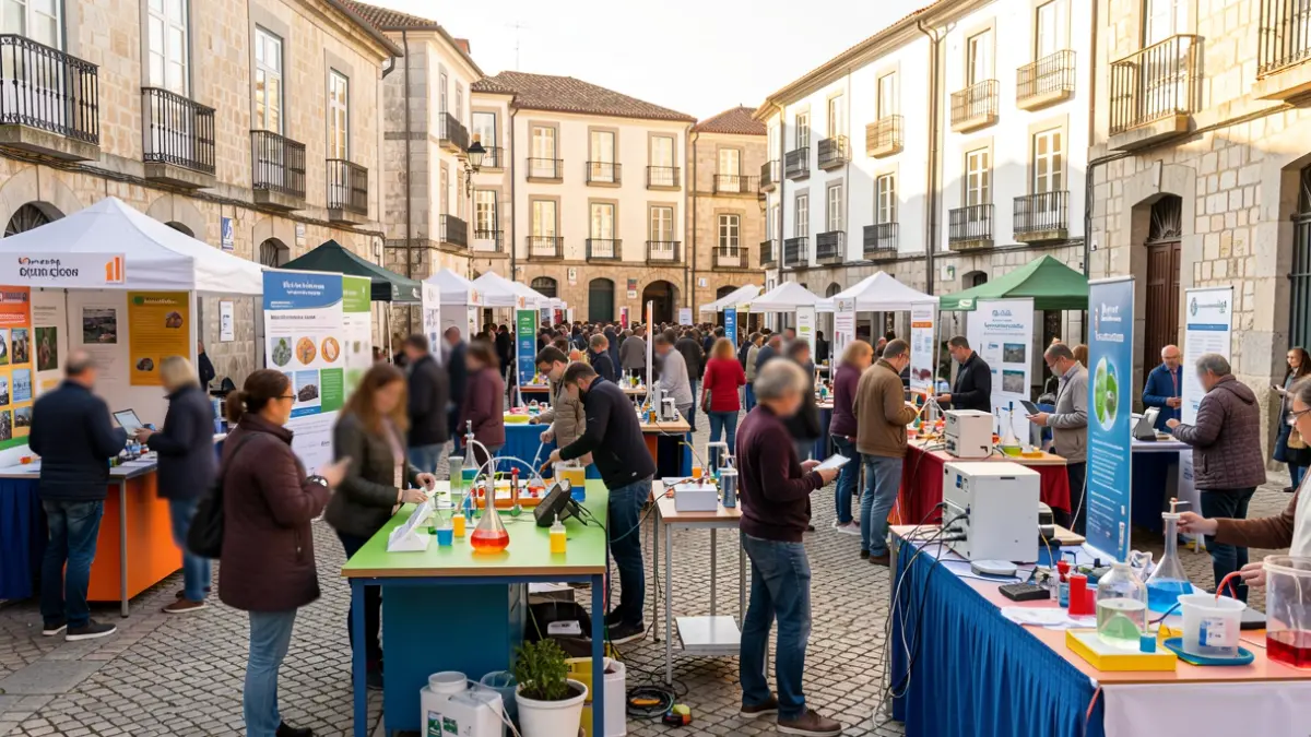 Image of an outdoor science fair in Portugal, with people interacting with scientific experiments.