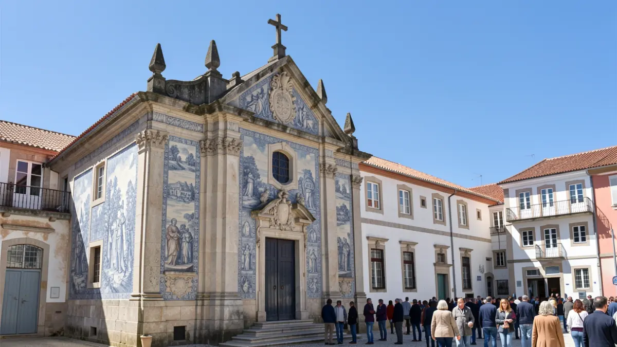 Fachada de la Capilla de São Gabriel y complejo residencial de la antigua Estación Marconi en Vendas Novas.