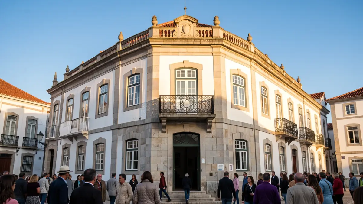 Fachada del ayuntamiento de Carregal do Sal, un edificio tradicional portugués con elementos de piedra y balcón ornamentado, bajo la cálida luz de la tarde.