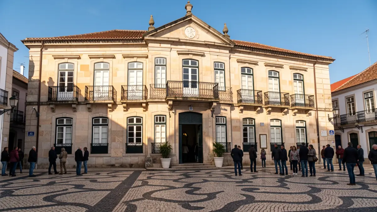 Facade of a municipal building in Reguengos de Monsaraz at dusk.
