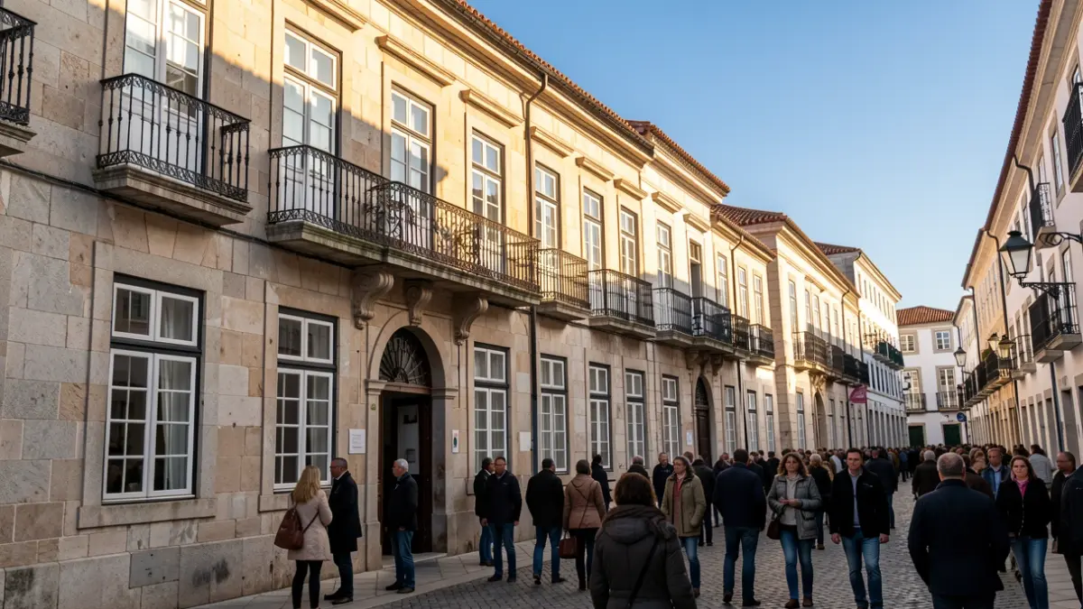 Fachada de um edifício municipal em pedra com varanda ornamentada e luz solar de tarde.