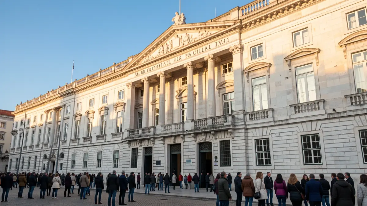 Fachada da Faculdade de Direito da Universidade de Lisboa, um edifício de pedra com arquitetura clássica.