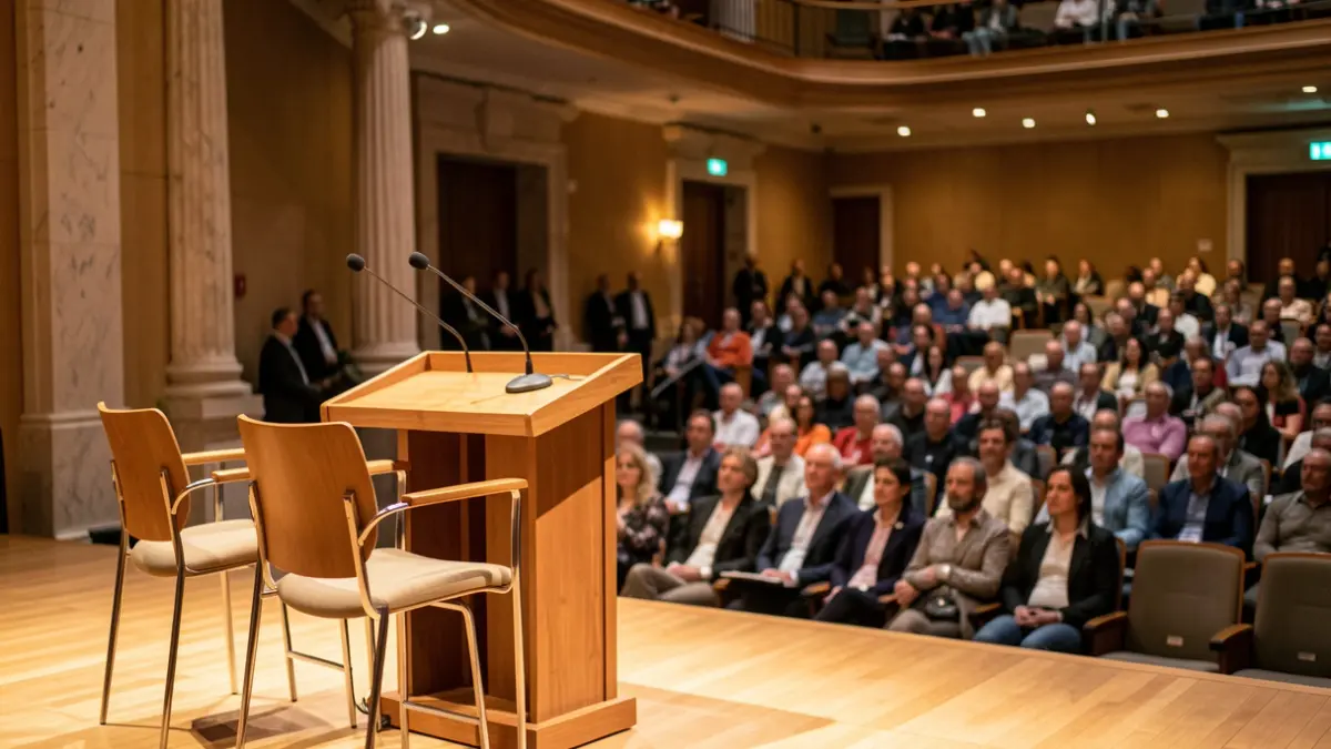 Generic image of the interior of the Belém Cultural Center (CCB) in Lisbon, with a stage set for a public session.