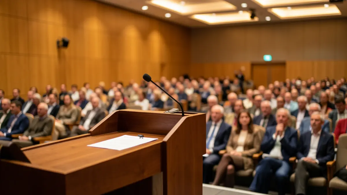 Generic image of a conference hall with a podium and microphone.