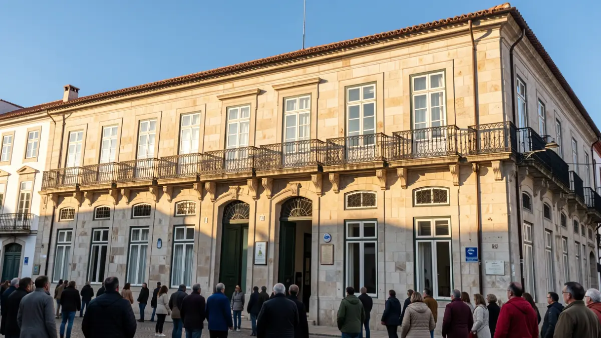 Fachada de um edifício municipal em Celorico de Basto, Portugal, com detalhes arquitetónicos tradicionais.