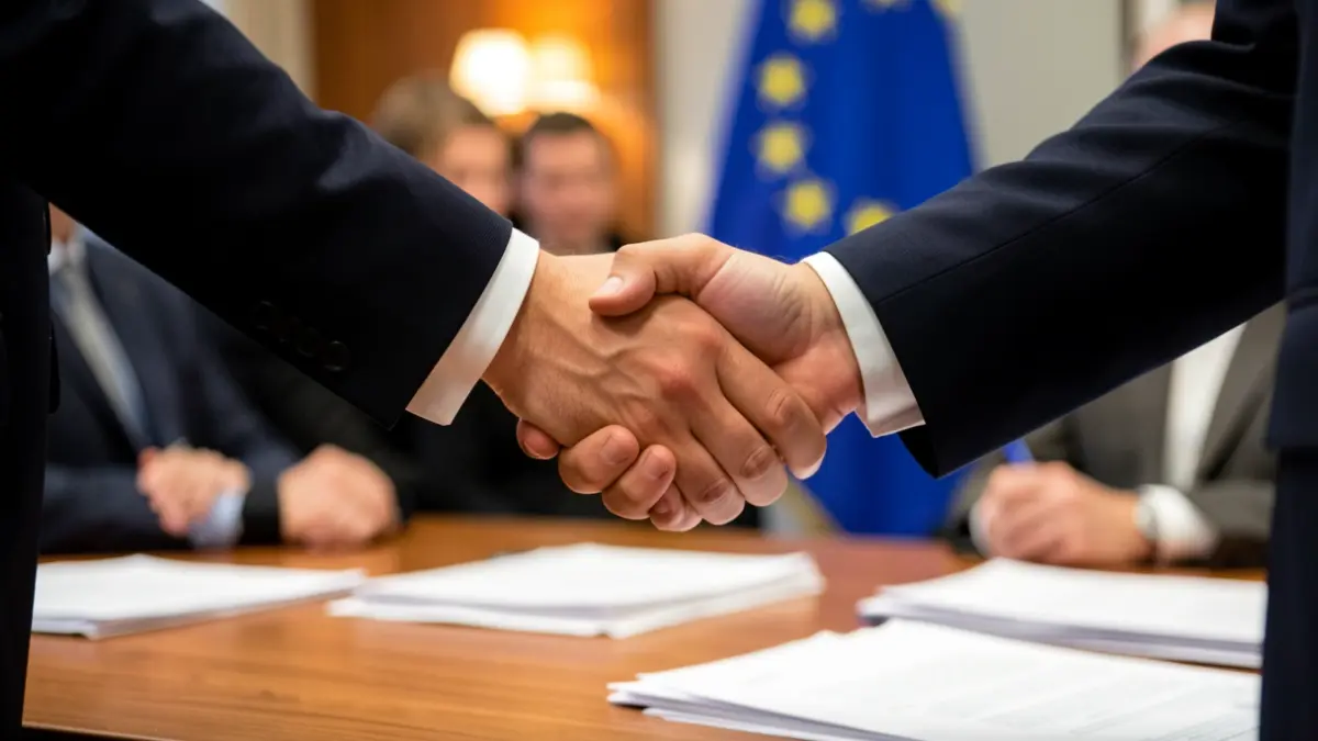 Image of two hands shaking over a desk with documents, symbolizing an agreement or collaboration.