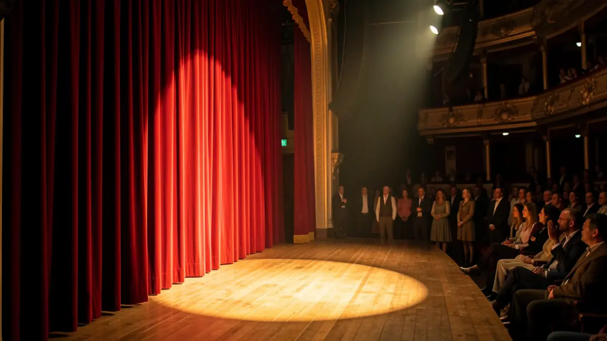 Escenario de teatro con cortinas rojas y foco de luz.