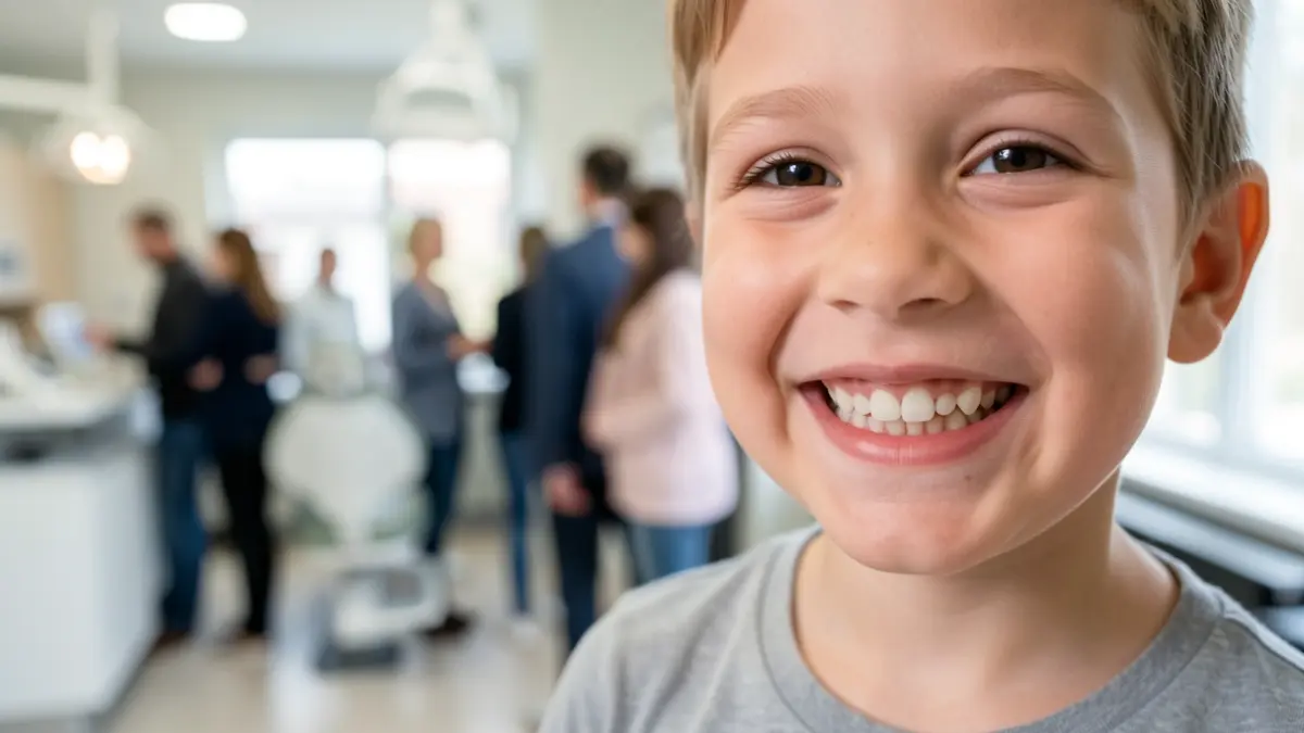 Imagem de uma criança com um sorriso saudável, com um consultório dentário desfocado ao fundo.