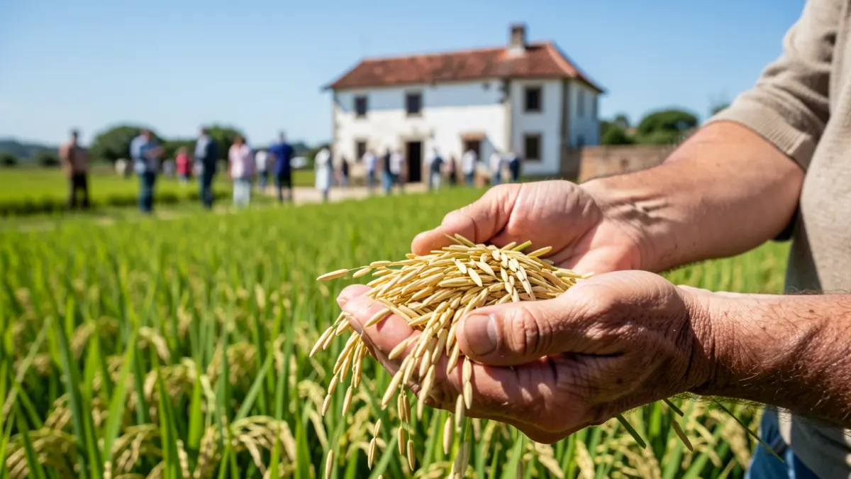Manual rice harvest in Portuguese fields with a traditional farmhouse in the background.