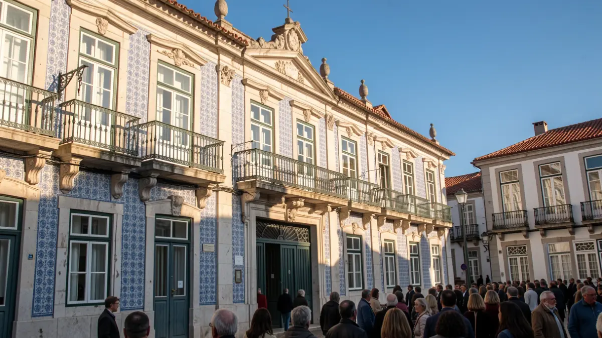 Fachada de um edifício municipal em Portugal com azulejos e varandas ornamentadas.