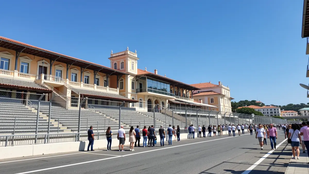 Vista exterior del Autódromo de Estoril con gradas vacías bajo un cielo azul.