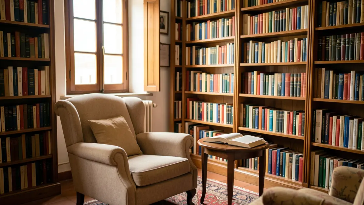 Interior de uma biblioteca municipal em Portugal com estantes de livros e uma poltrona.