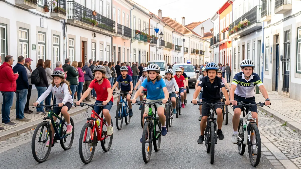 Children and teenagers on bicycles with police escort in Povoa de Varzim, celebrating sustainable mobility.