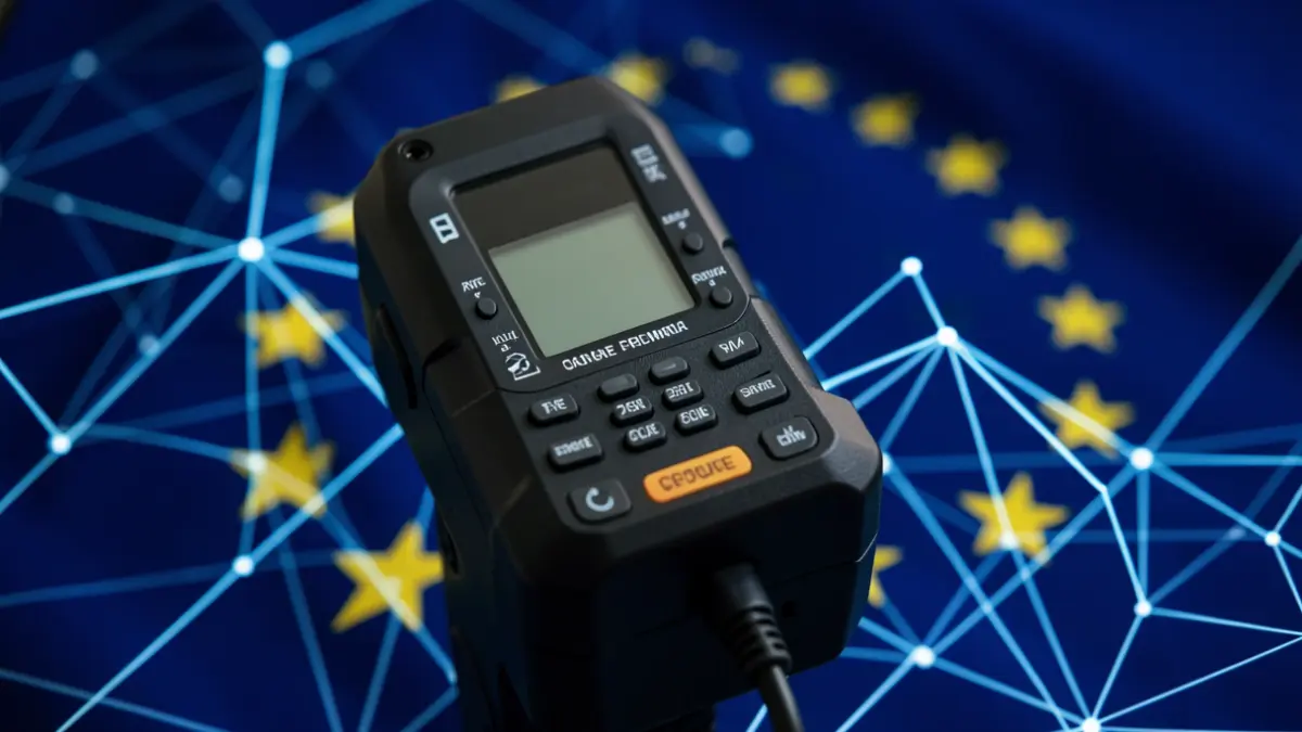 Secure communication device with abstract network lines and EU flag.