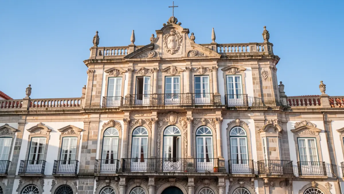 Fachada do Paço dos Duques de Bragança em Guimarães, Portugal, com luz solar de tarde.