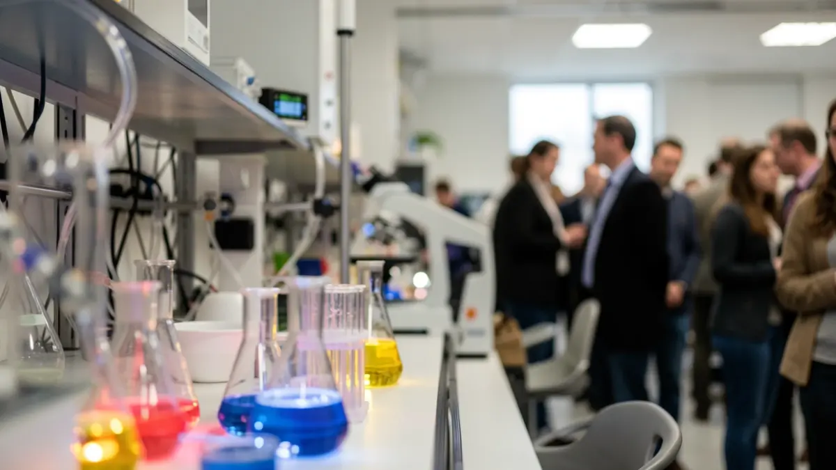 Imagem genérica de um laboratório científico com equipamento desfocado e frascos brilhantes.