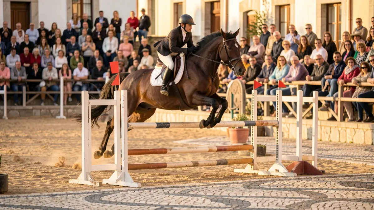 Image of a show jumping competition in Matosinhos, with a horse jumping an obstacle.