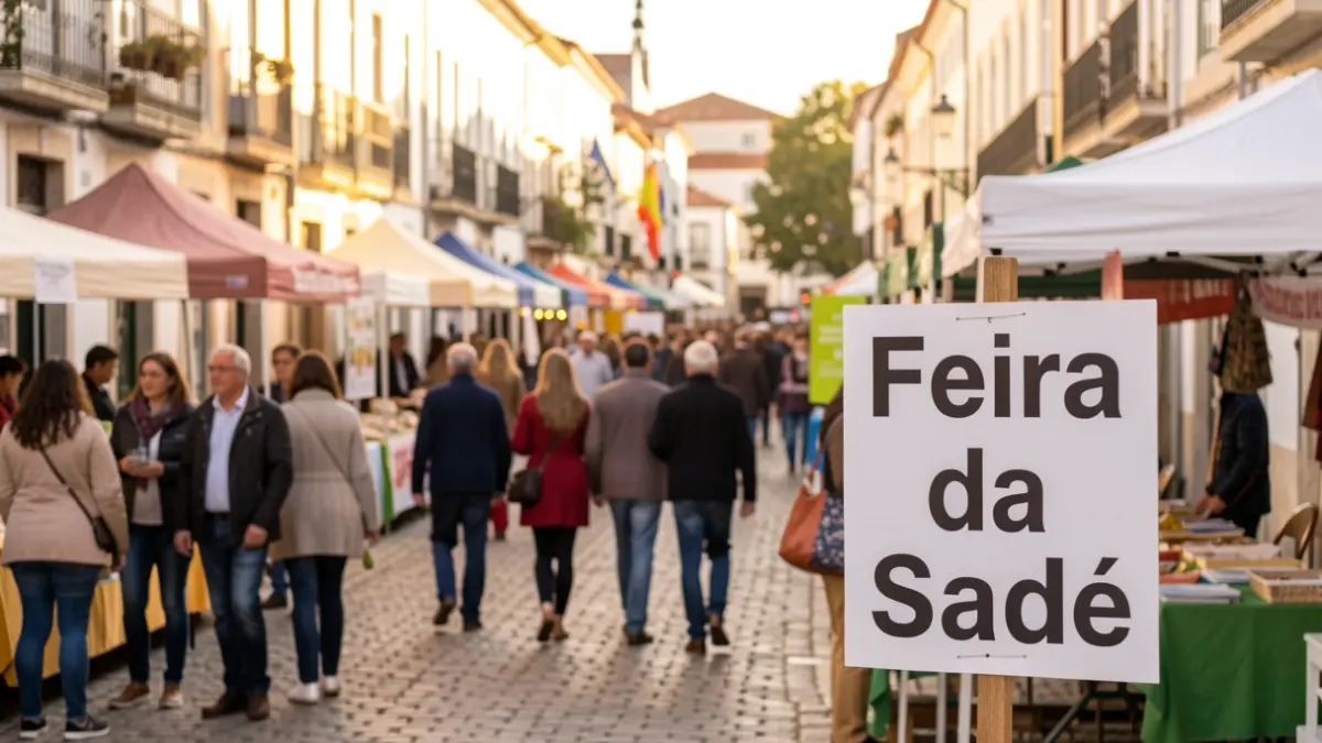 Image of a health fair in a Portuguese town with signage and a blurred crowd.