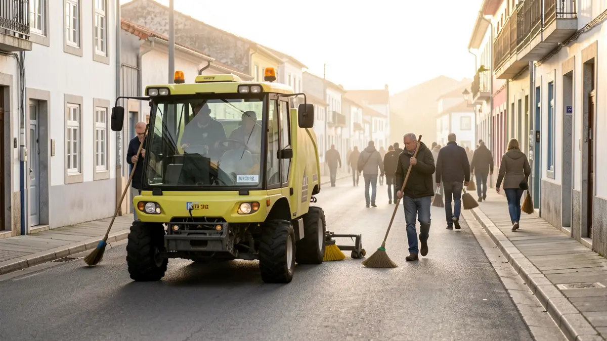 Imagem de equipa de limpeza urbana a trabalhar numa rua de Reguengos de Monsaraz.
