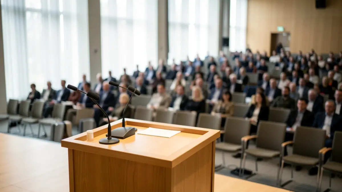 Imagem genérica de um auditório com pódio e cadeiras vazias.