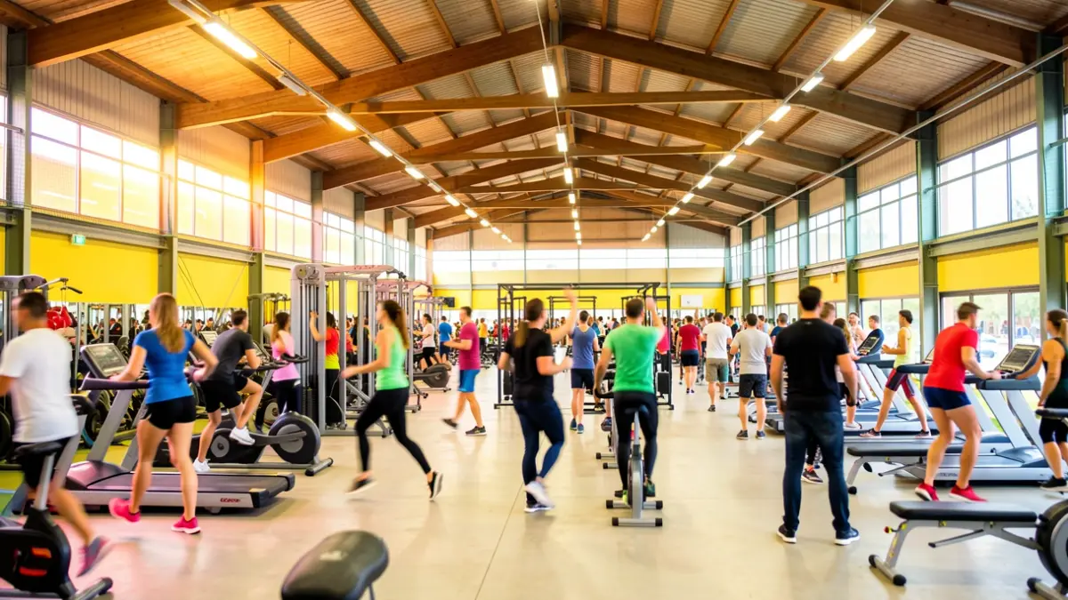 Imagen genérica de un pabellón deportivo portugués con participantes en actividades de fitness y danza.