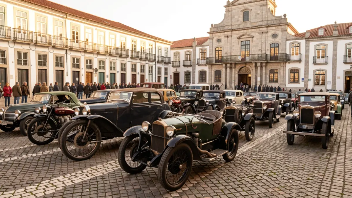 Centenary vehicles parked in a historic square in Portugal.