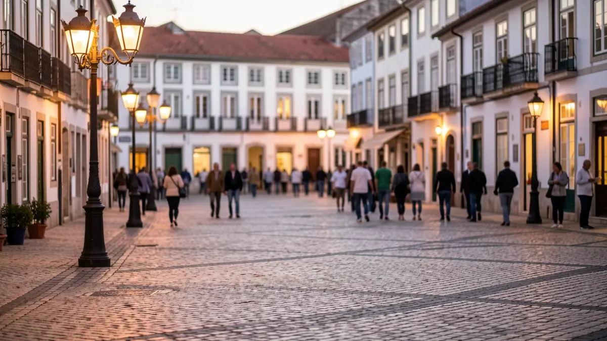 Generic image of a Portuguese village square with night lighting.