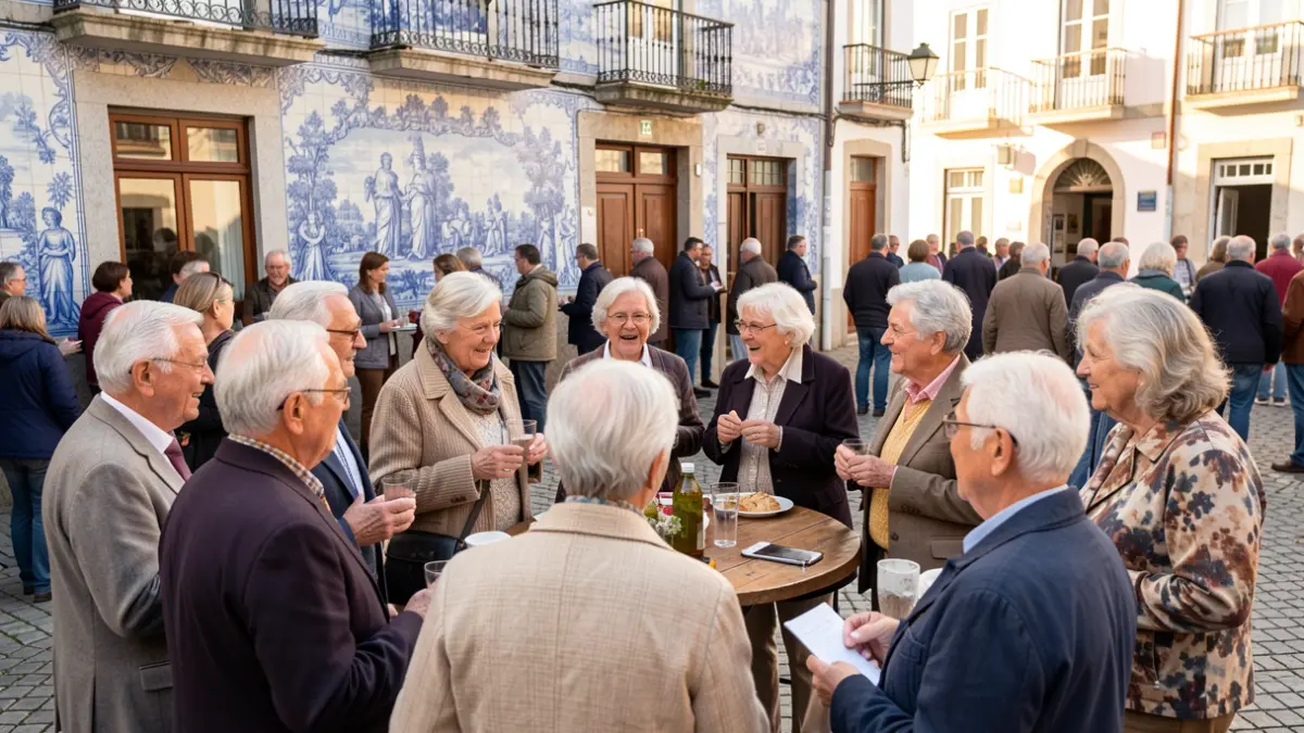 Group of senior citizens conversing and participating in an outdoor activity in a Portuguese town square.