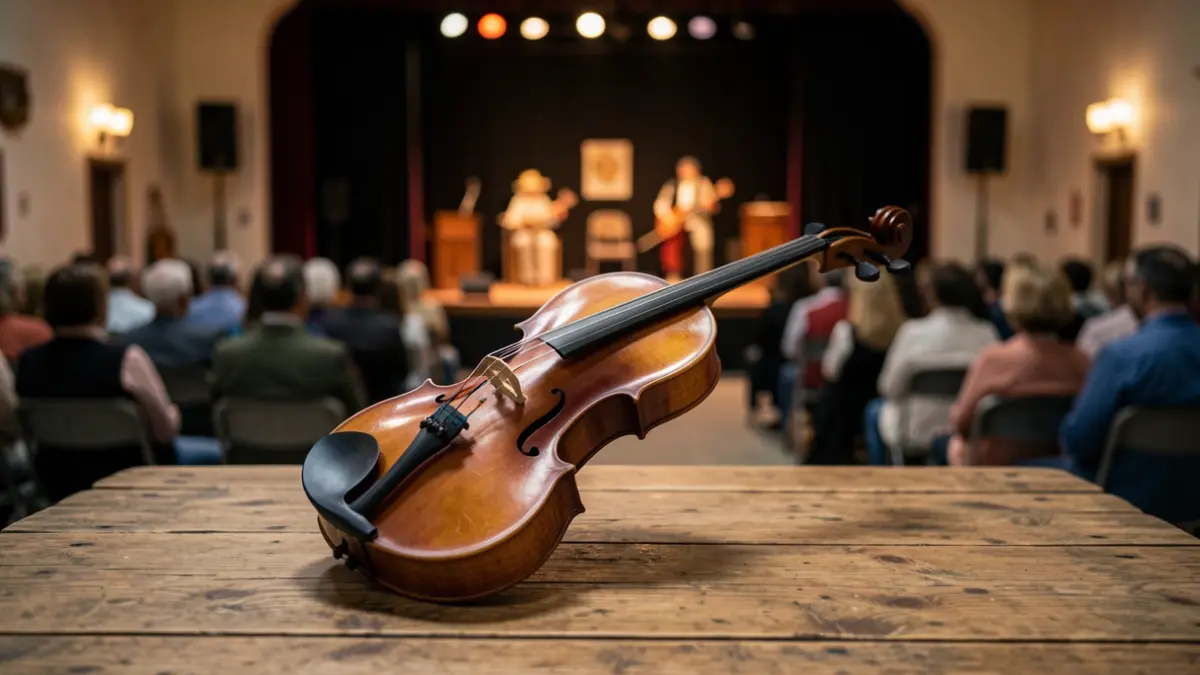 Instrumento musical viola da terra em destaque.