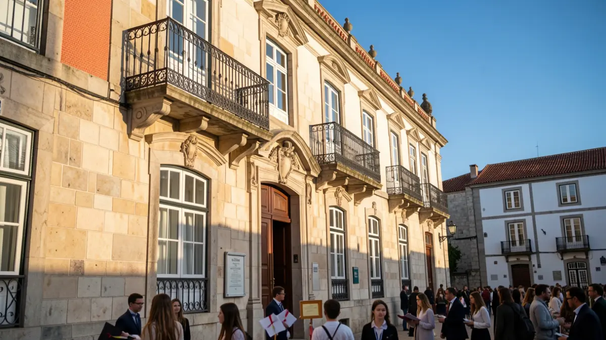 Fachada de un edificio municipal en Murça, Portugal, con elementos alusivos a la educación y al mérito escolar.