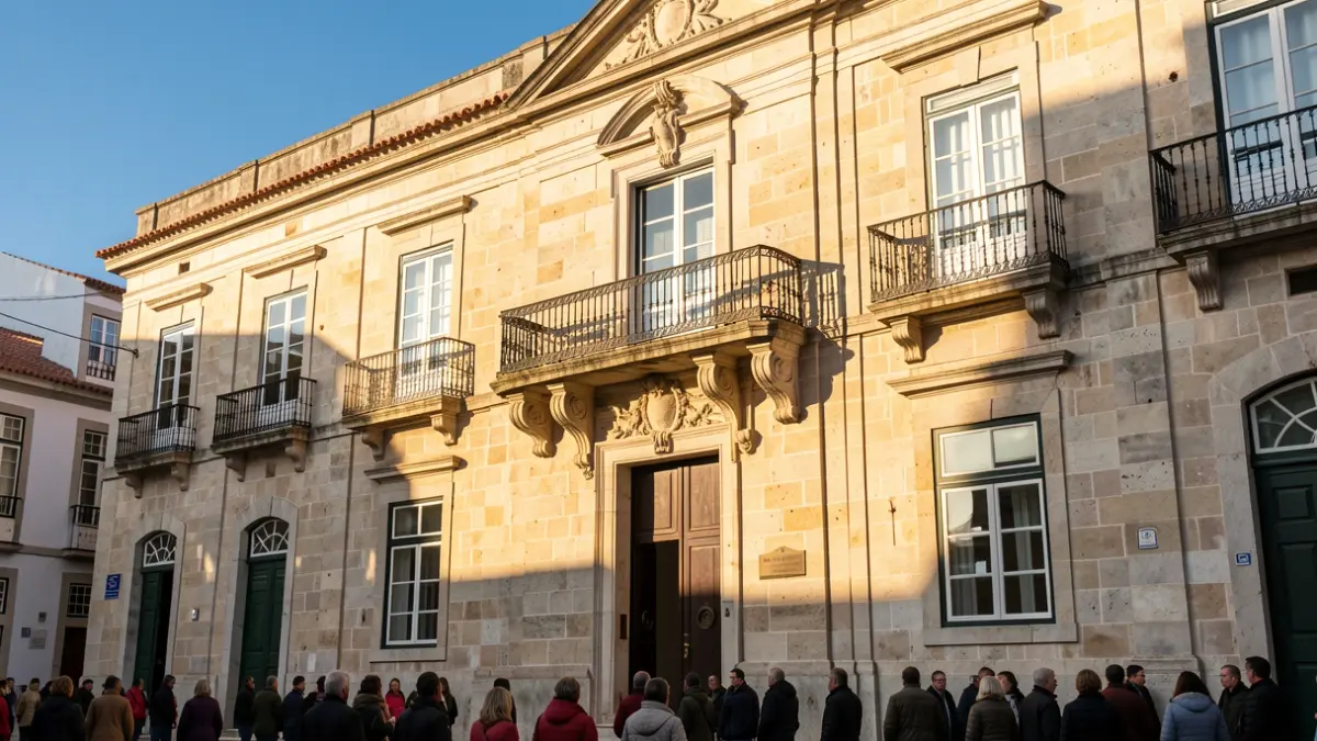 Stone facade of a municipal building with an ornate balcony and afternoon sunlight.