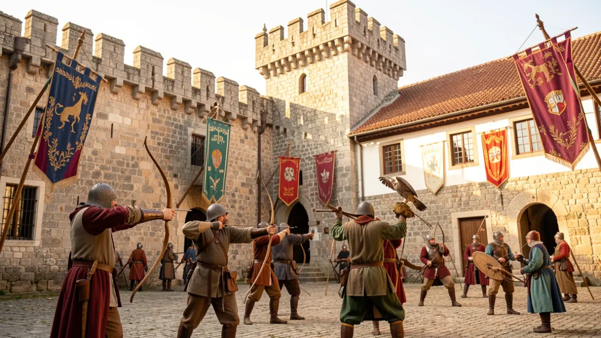 Imagen de un patio de castillo medieval en Guimarães con recreaciones históricas de tiro con arco y cetrería.