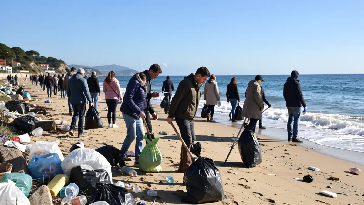 Imagem genérica de voluntários a limpar uma praia em Portugal.