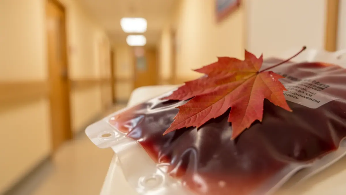 Blood bag with an autumn leaf, symbolizing blood donation.