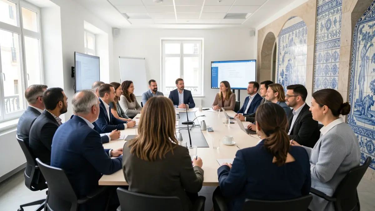 Imagen genérica de un grupo de personas participando en una reunión sobre combate a la violencia doméstica y de género en Portugal.