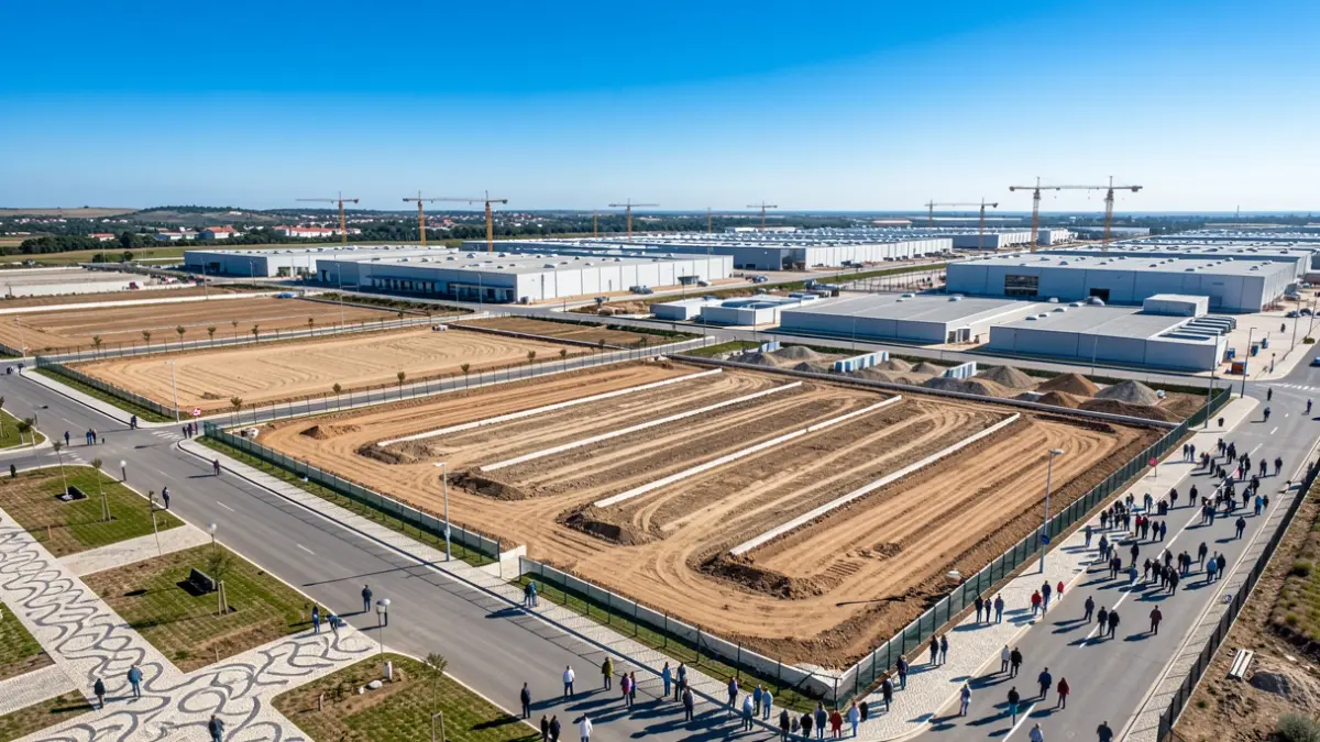 Vista aérea de um parque empresarial em desenvolvimento com elementos arquitetónicos portugueses.