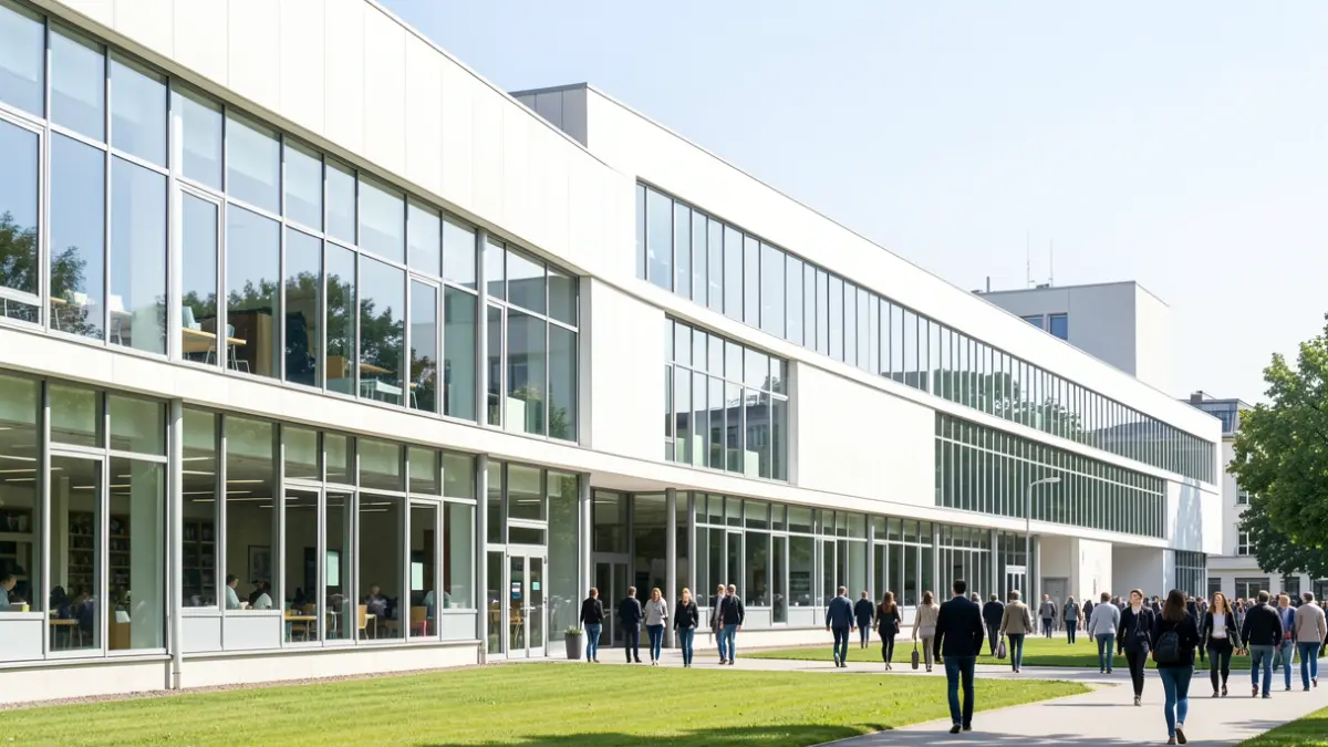 Fachada de um edifício universitário moderno com grandes janelas, representando uma escola superior de tecnologia e gestão.