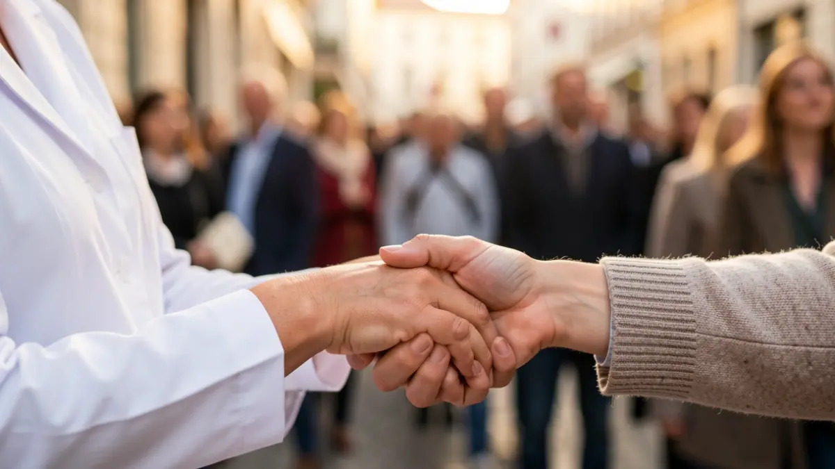 Manos de enfermera sosteniendo la mano de un paciente, transmitiendo empatía y cuidado.