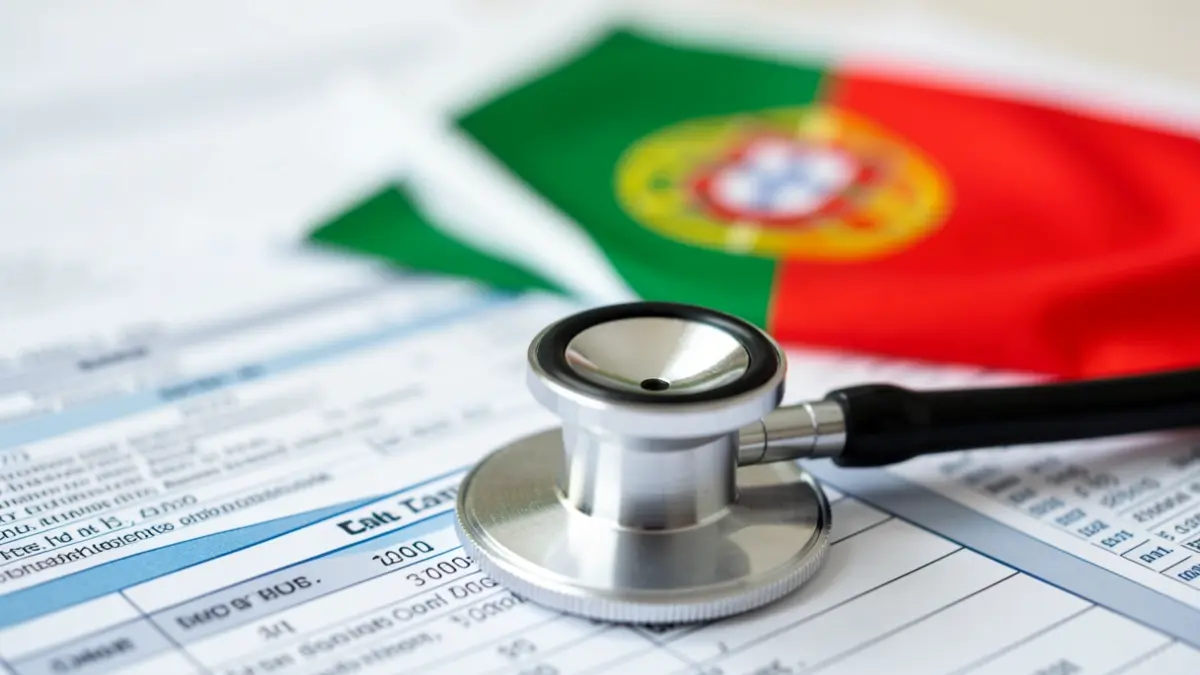Imagem genérica de um estetoscópio sobre documentos médicos com detalhe da bandeira portuguesa.