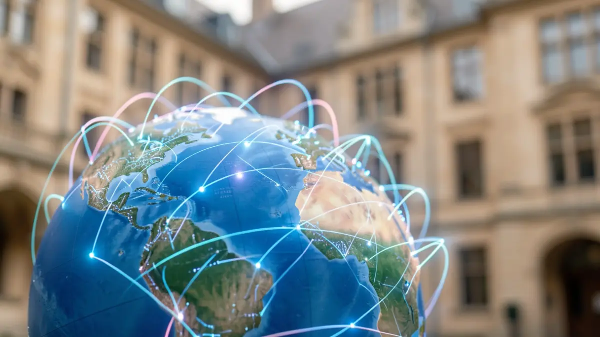 Globo terrestre com conexões digitais brilhantes, representando tecnologias geoespaciais e colaboração internacional.