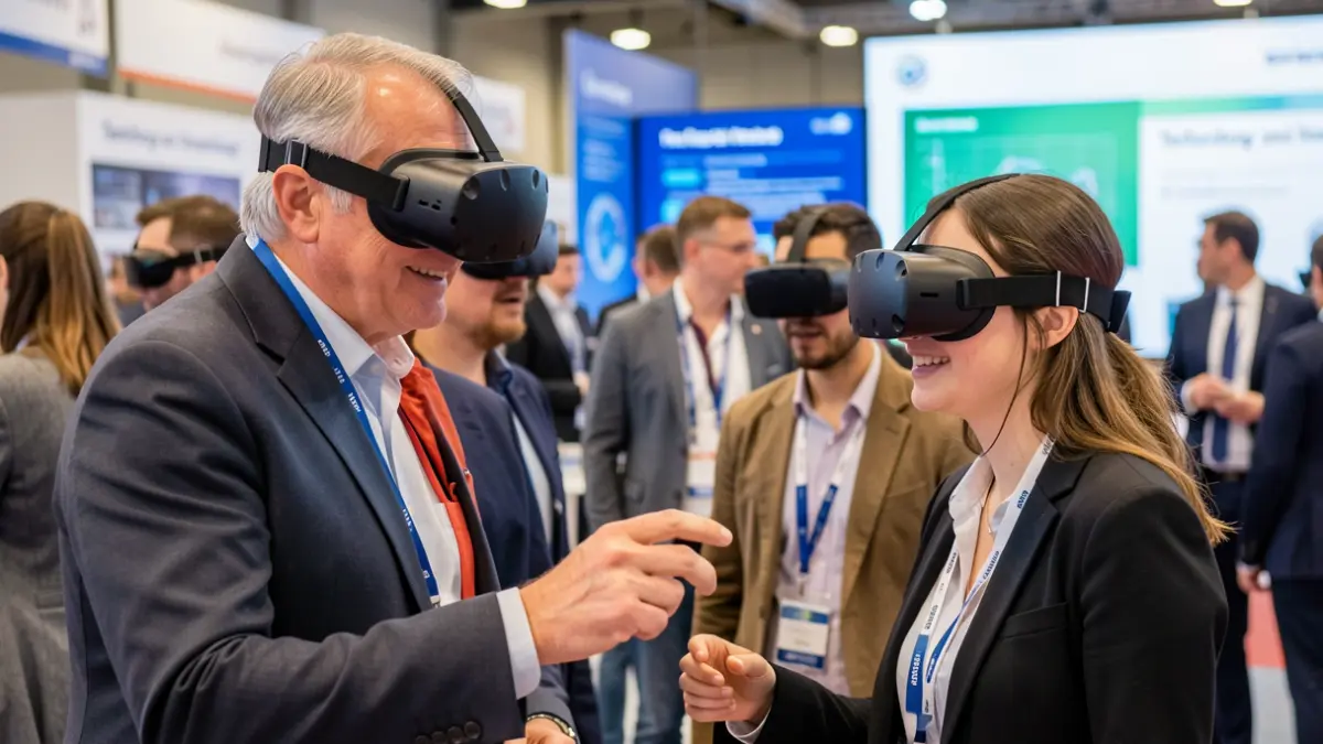 Generic image of professors and students trying virtual reality goggles at a technology and innovation fair.