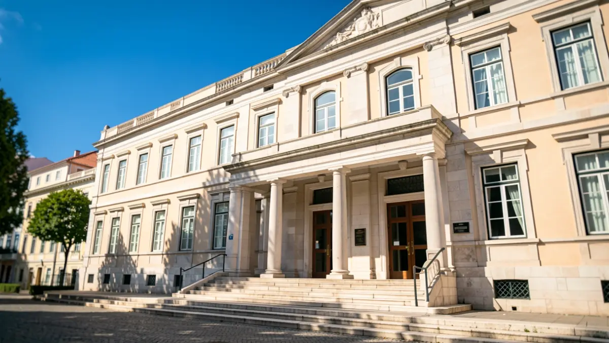 Facade of the Escola Superior de Comunicação Social (ESCS) building in Lisbon, Portugal, with a blue sky.