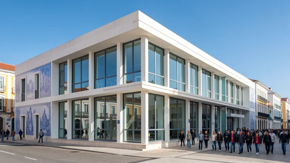 Facade of a sports higher education institution in Portugal, with subtle architectural elements.