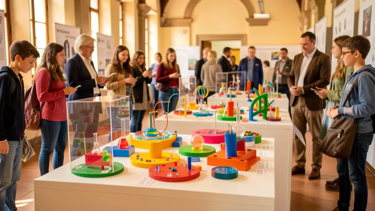 Imagen de una exposición científica interactiva para niños en una universidad portuguesa, con énfasis en actividades lúdicas y un ambiente atractivo.
