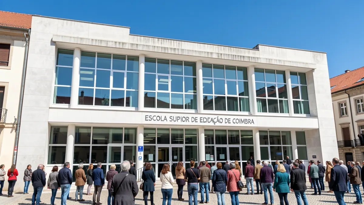 Fachada de la Escola Superior de Educação de Coimbra, un edificio educativo moderno con grandes ventanales y señalización clara, bajo un cielo azul brillante.