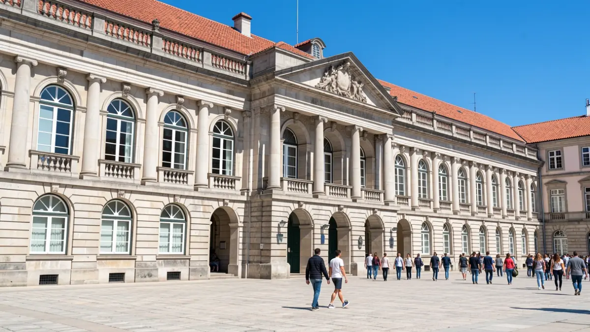 Fachada de um edifício universitário português com elementos arquitetónicos clássicos, sob um céu azul claro.
