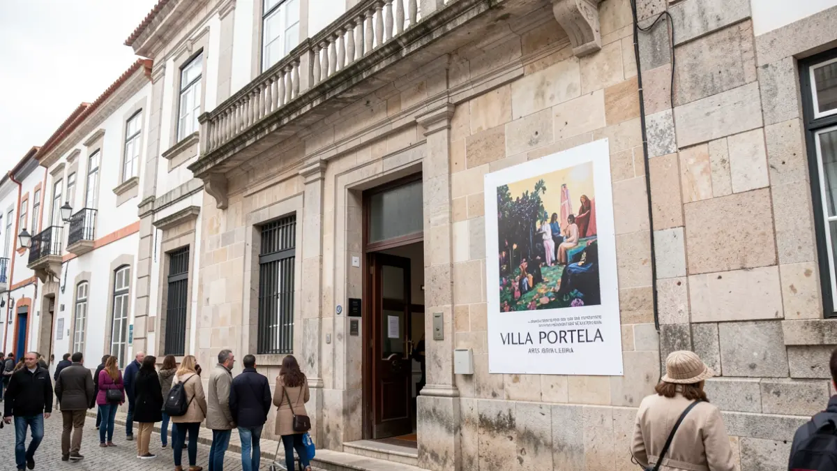 Facade of the Villa Portela Arts Center in Leiria, with an exhibition poster.