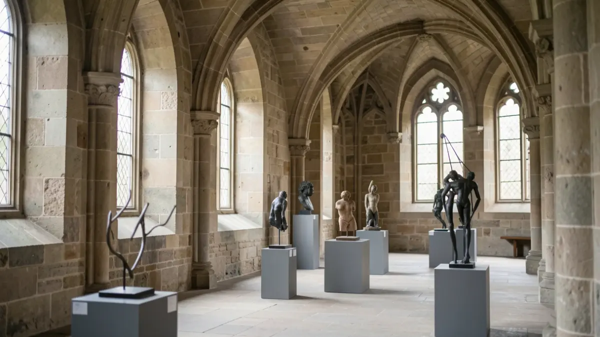 Instalação de arte contemporânea numa capela histórica com luz difusa.